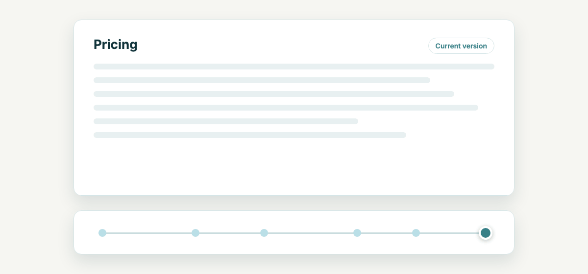 A timeline slider moves back through versions of a Pricing page while added and removed lines are highlighted.