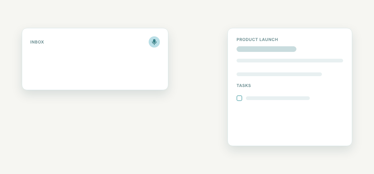 A spoken note becomes a suggestion with a target space and two tasks, then appears in the Product launch space.
