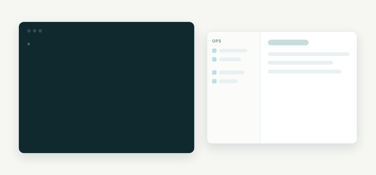 A terminal where an AI agent calls DocuVault tools. The new release checklist appears in the Ops space of the web UI.