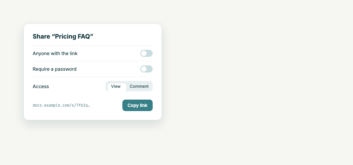 A share dialog with link, password and comment access turned on. The shared page asks for the password, then opens.
